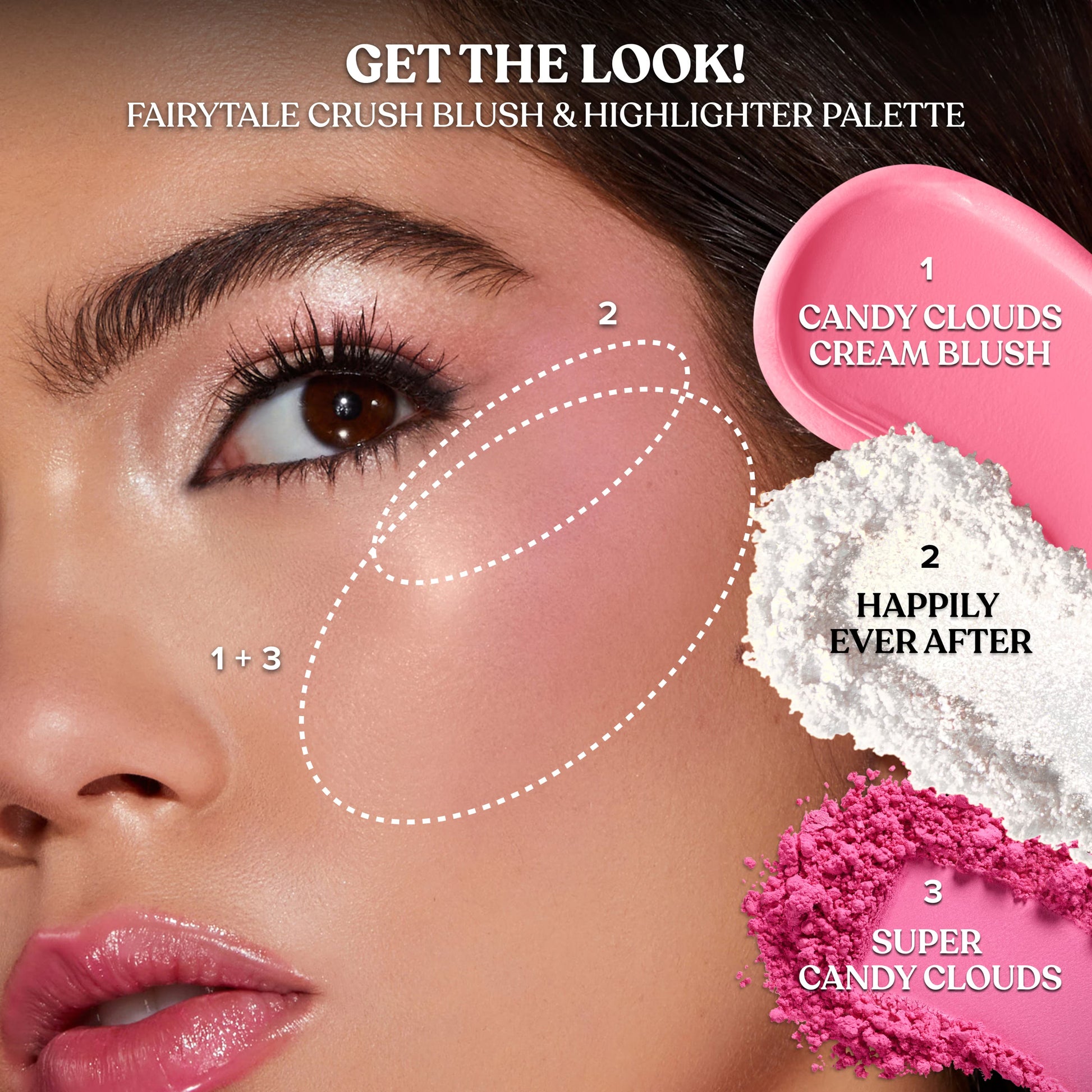 Too Faced Fairytale Crush blush and highlighter palette applied on cheeks with shade placement guide