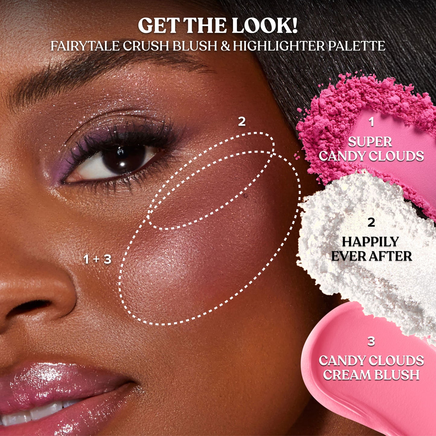 Too Faced Fairytale Crush blush and highlighter palette applied on deeper skin tone with shade placement guide