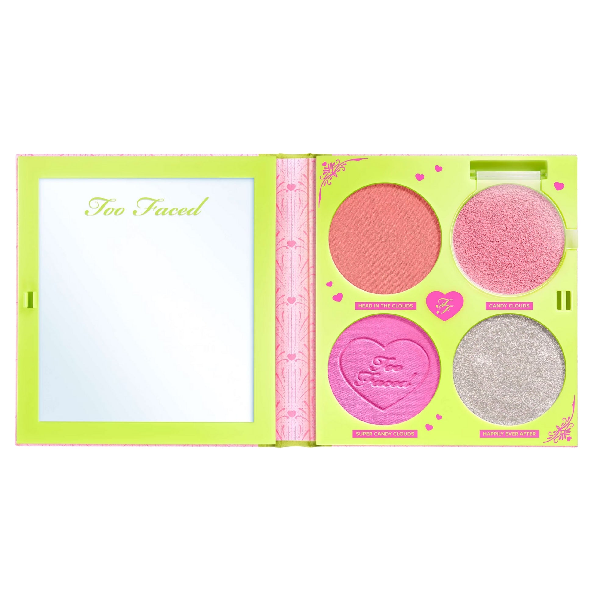 Too Faced Fairytale Crush blush and highlighter palette open on white background
