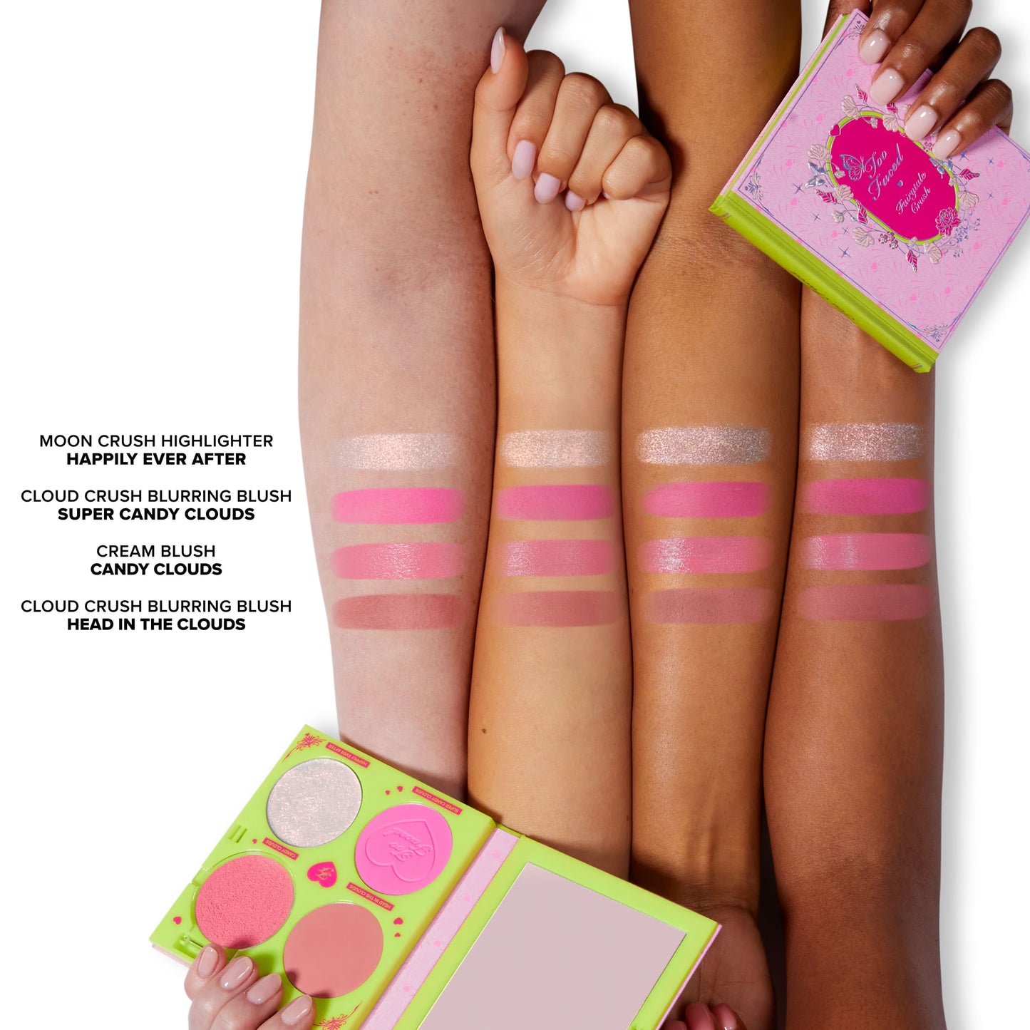 Too Faced Fairytale Crush blush and highlighter palette swatches on different skin tones