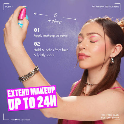 Woman applying NYX The Face Glue setting spray on face