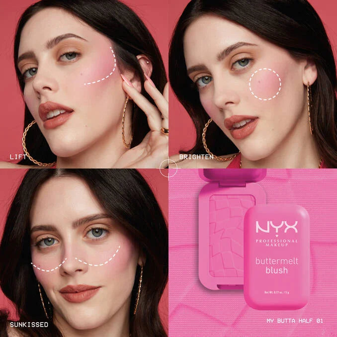 Woman demonstrating how to apply NYX Buttermelt Blush for lifted and brightened cheeks