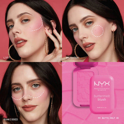 Woman demonstrating how to apply NYX Buttermelt Blush for lifted and brightened cheeks