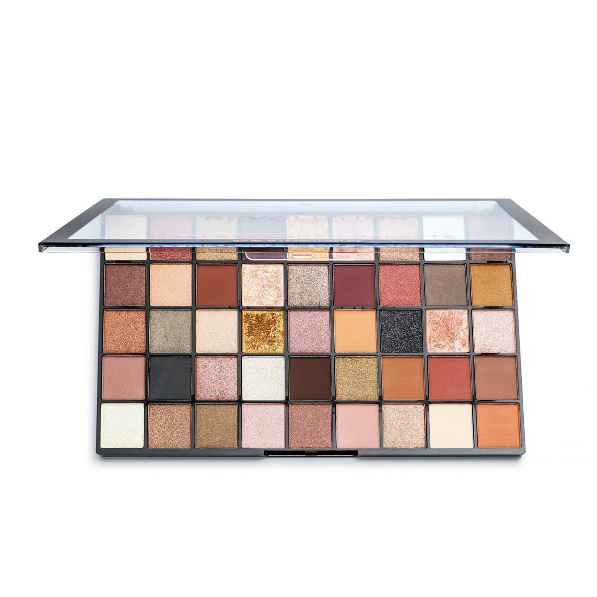 Makeup Revolution Maxi Reloaded Large It Up Palette with the lid partially open, showing its 45 shades