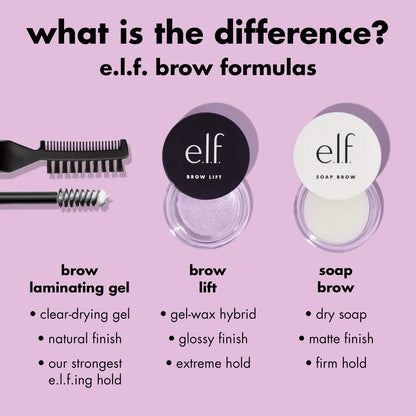 e.l.f. Brow Lift compared with brow laminating gel and soap brow formulas