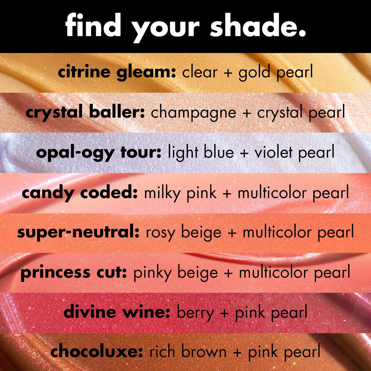e.l.f. Glow Reviver Lip Oil Glimmer shade guide with pearl finish descriptions