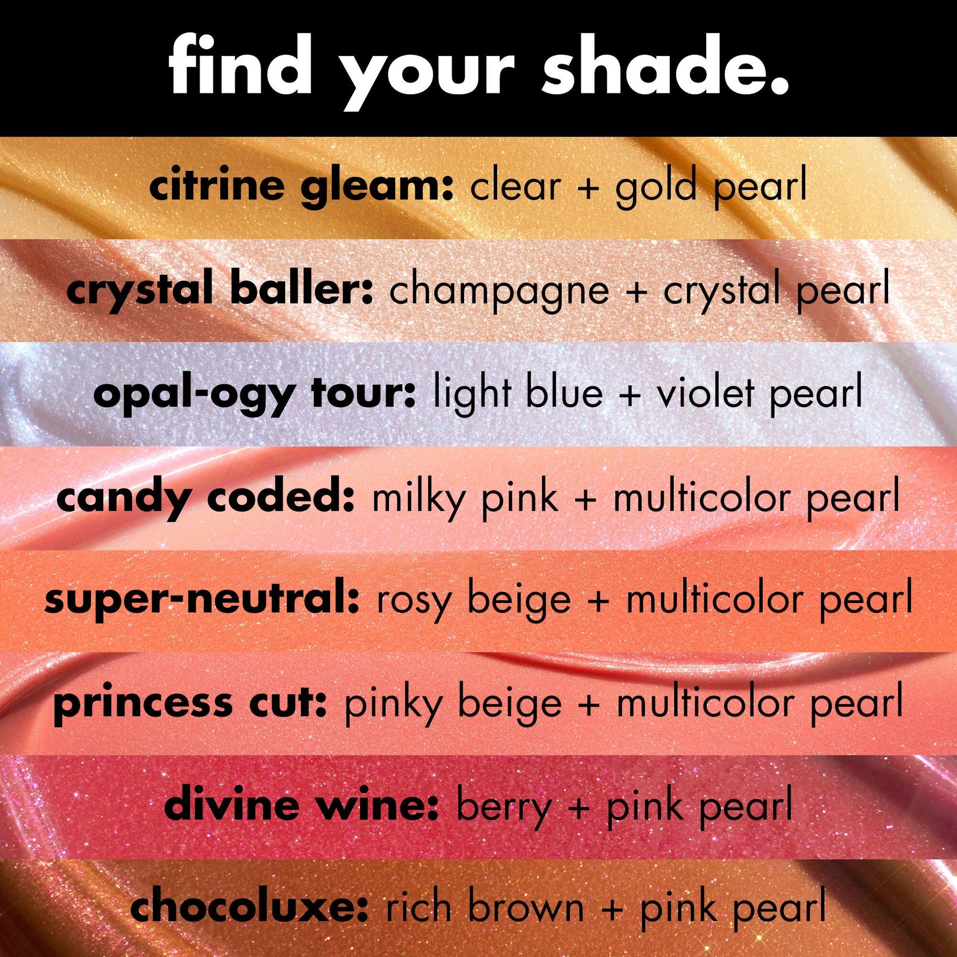 e.l.f. Glow Reviver Lip Oil Glimmer shade guide with pearl finish descriptions