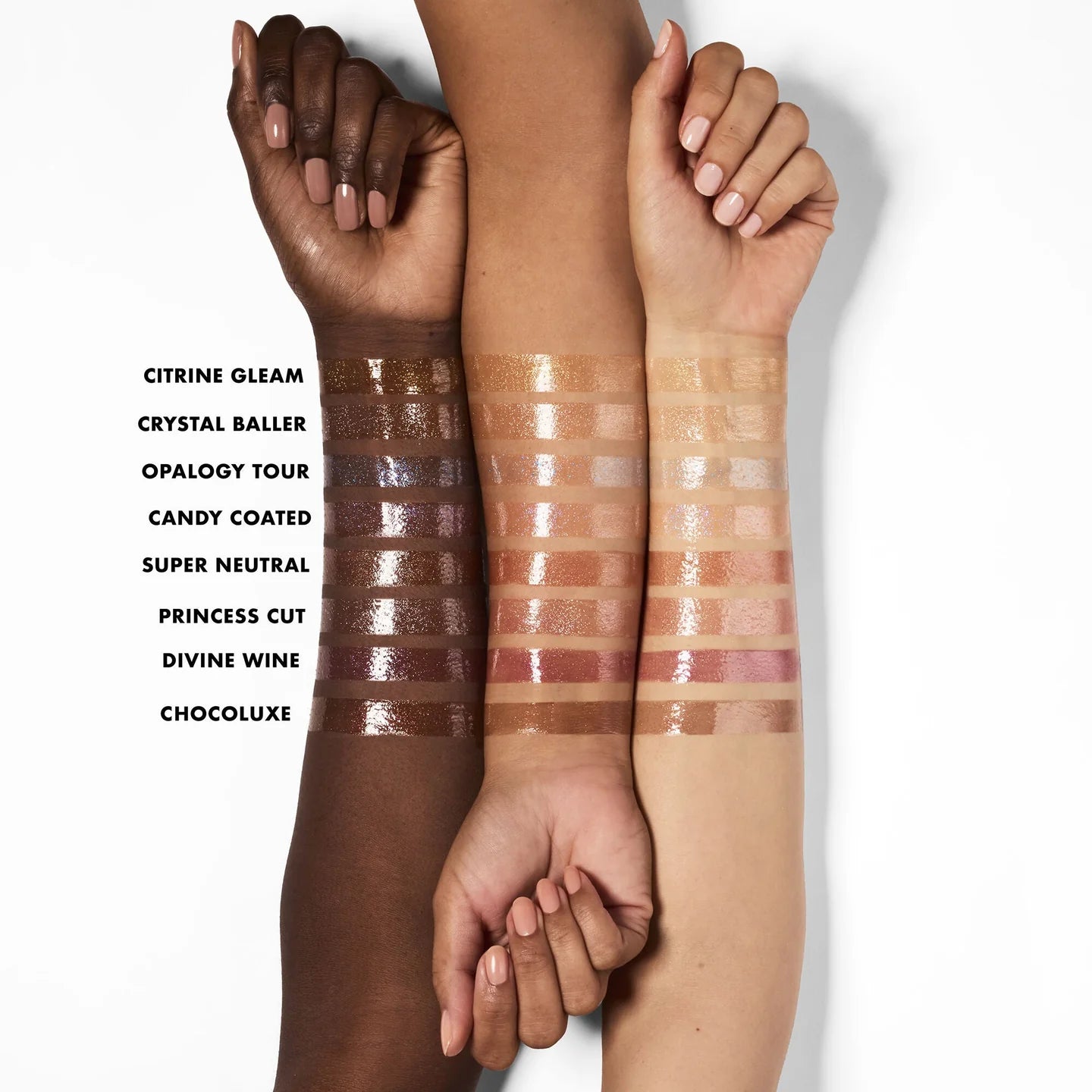 e.l.f. Glow Reviver Lip Oil Glimmer swatches on different skin tones