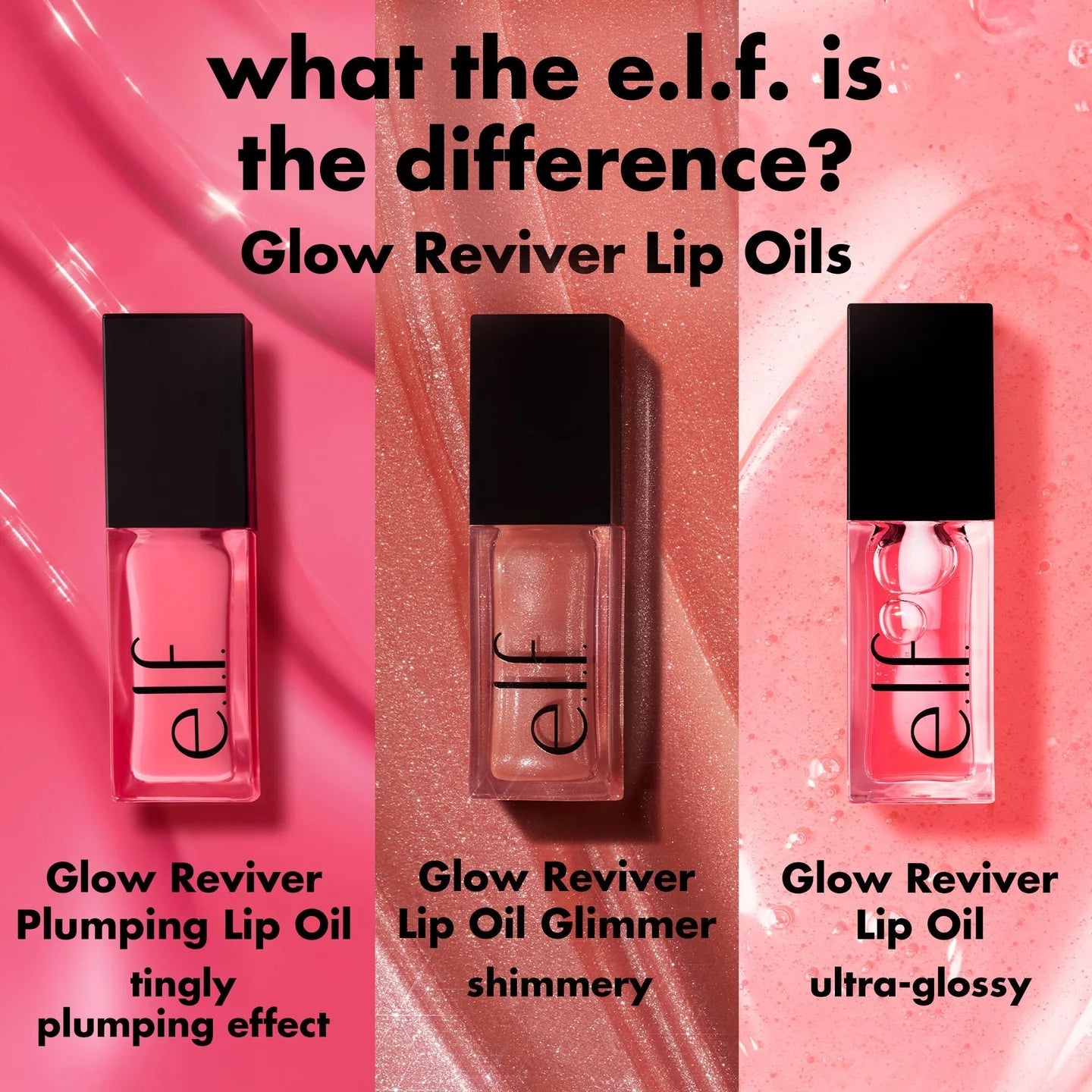 e.l.f. Glow Reviver Lip Oil comparison between Lip Oil, Lip Oil Glimmer and Plumping Lip Oil