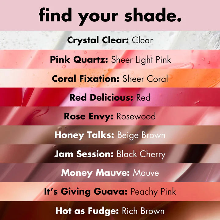e.l.f. Glow Reviver Lip Oil shade guide with color descriptions
