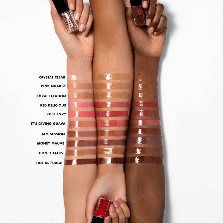 e.l.f. Glow Reviver Lip Oil shade swatches on different skin tones