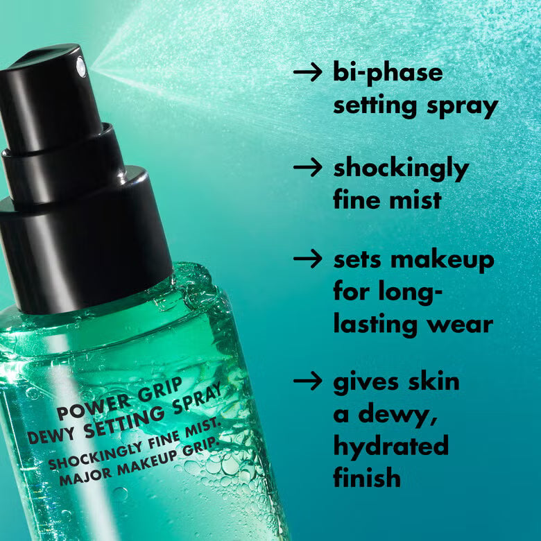 e.l.f. Power Grip Dewy Setting Spray features showing fine mist and long-lasting makeup hold