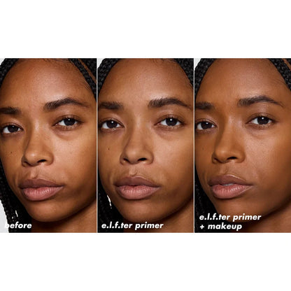 e.l.f. Power Grip Matte Primer before, after primer and finished makeup results on deep skin.