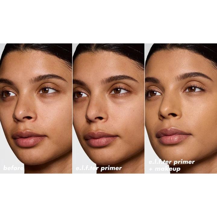 e.l.f. Power Grip Matte Primer before, after primer and finished makeup results on medium skin.