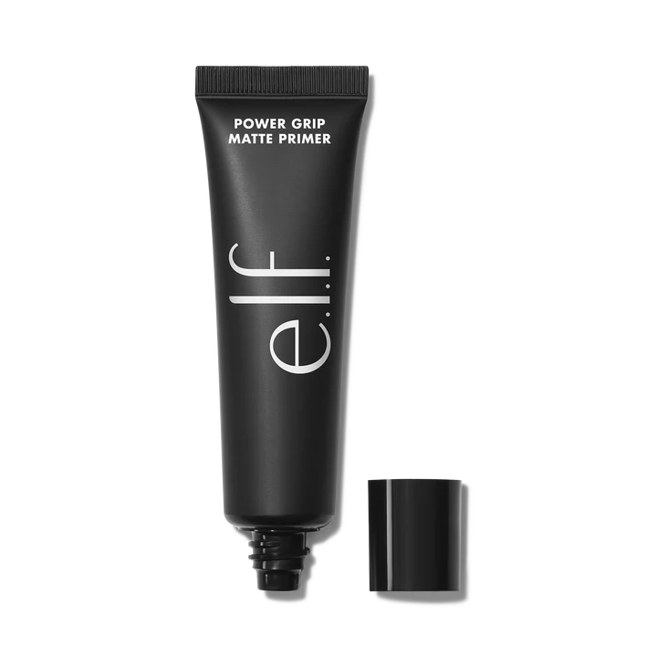 e.l.f. Power Grip Matte Primer black tube with open cap.