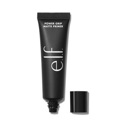 e.l.f. Power Grip Matte Primer black tube with open cap.