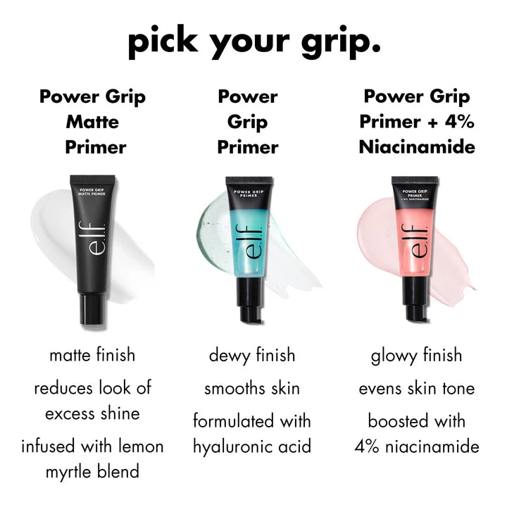 e.l.f. Power Grip Matte Primer compared with original Power Grip and 4% Niacinamide primers.