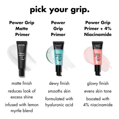 e.l.f. Power Grip Matte Primer compared with original Power Grip and 4% Niacinamide primers.