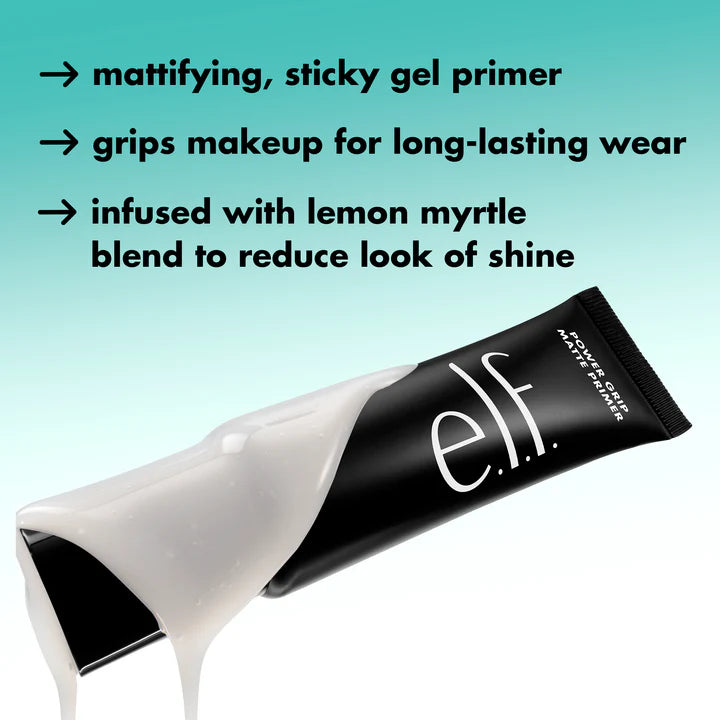 e.l.f. Power Grip Matte Primer sticky gel texture with Lemon Myrtle Blend for reduced shine.