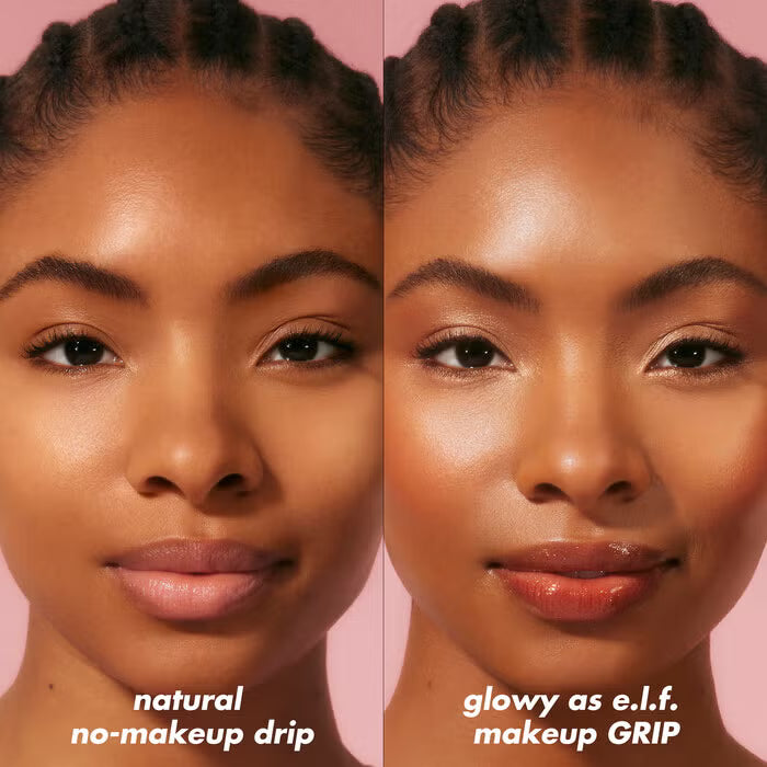 صورة قبل وبعد لبشرة الوجه بعد استخدام برايمر e.l.f. Power Grip Niacinamide لإشراقة ولمعة طبيعية