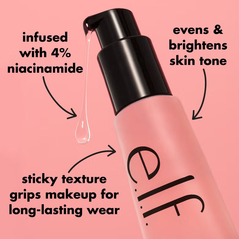 صورة توضيحية لبرايمر e.l.f. Power Grip Niacinamide مع إبراز فوائده وتحتوي تركيبته على 4% نياسيناميد