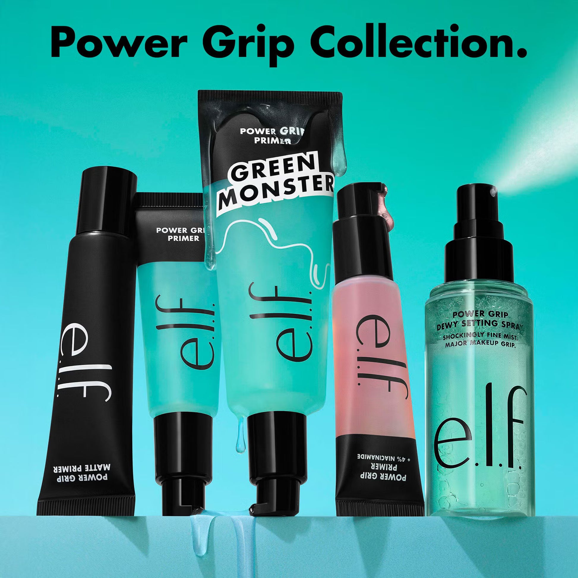 e.l.f. Power Grip Primer collection including primer tubes and setting spray on teal background