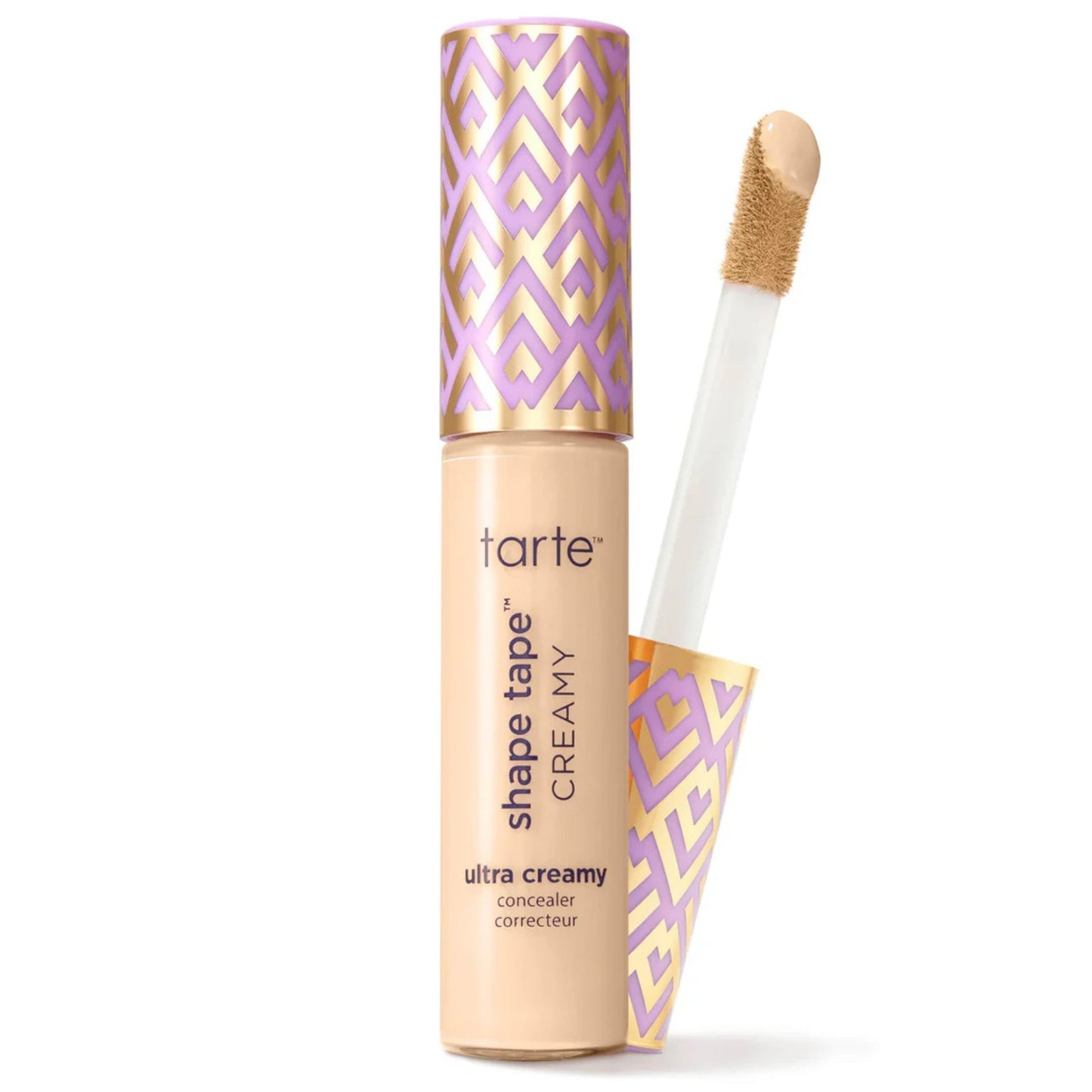 Tarte Shape Tape Ultra Creamy Concealer in shade 12S Fair with applicator on white background